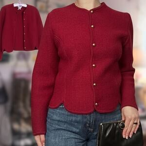 Vintage Womens M 100% Boiled Wool Button Up Cardigan Sweater Dark Red Classic